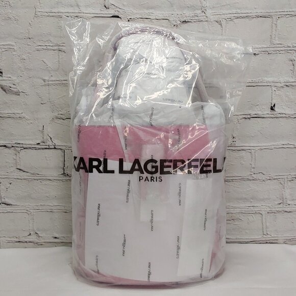 KARL LAGERFELD PARIS 'ADELE' BUCKET STYLE HANDBAG W/ LOGO WEBBING STRAP - Picture 15 of 16